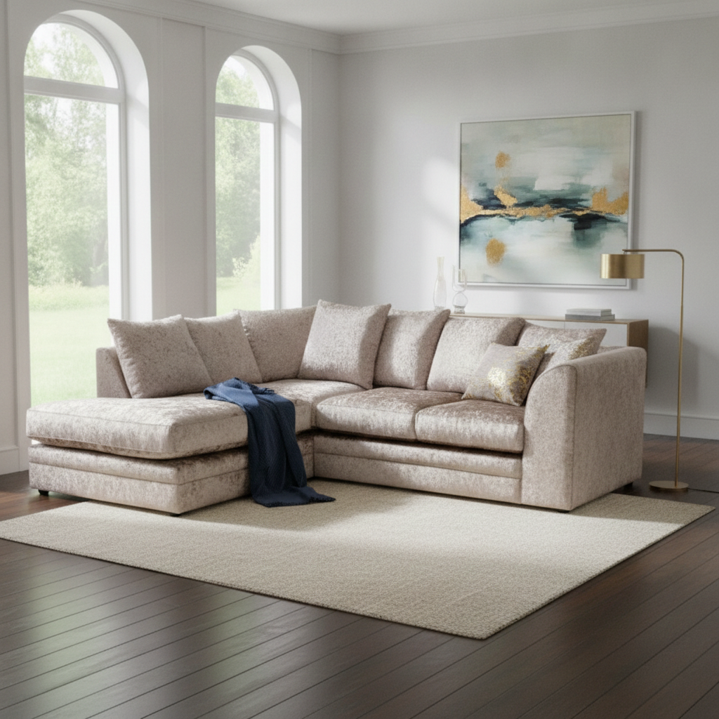 Crushed Velvet 4 Seater Corner Sofa- Left Hand Corner